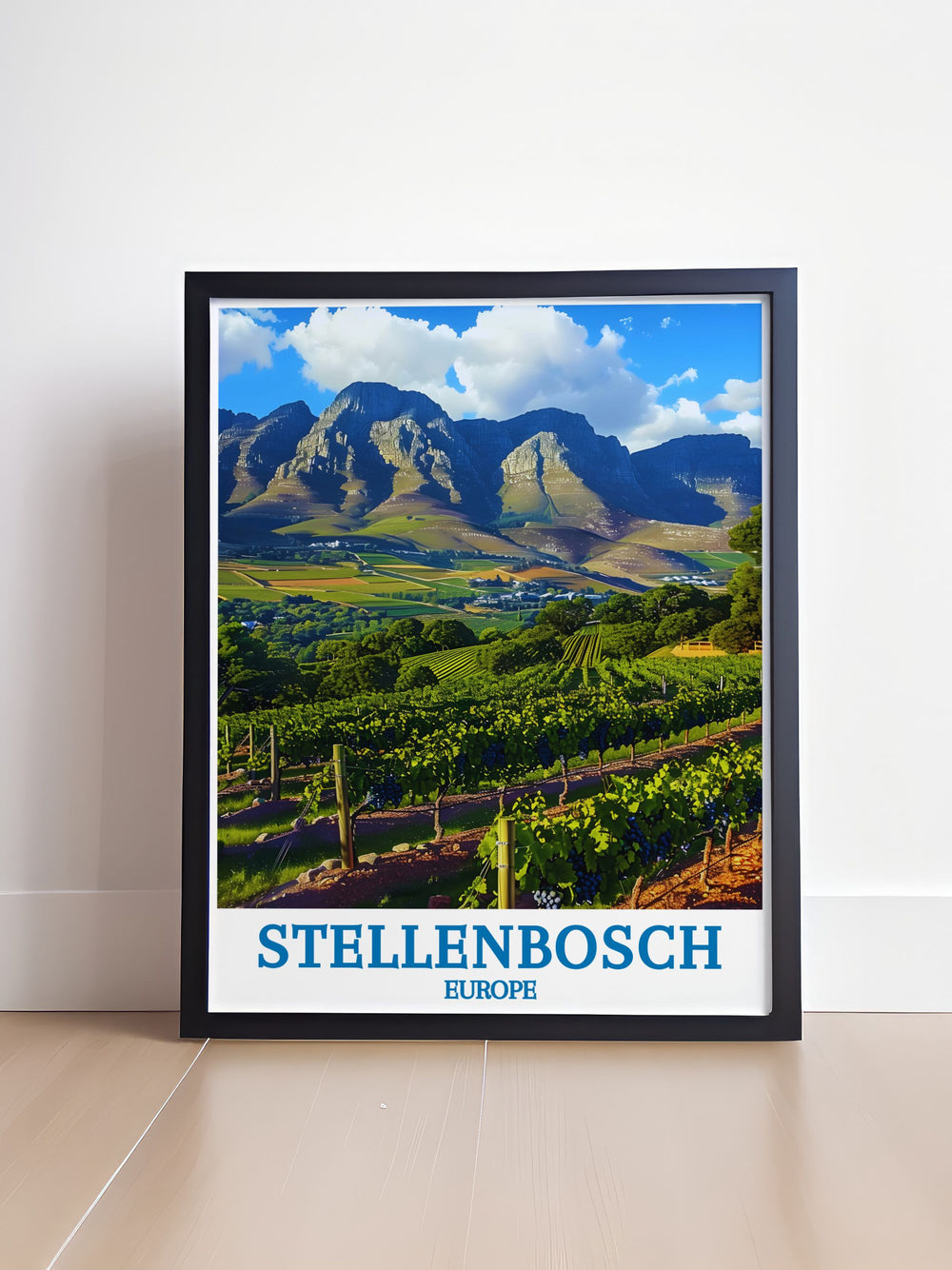Celebrate the breathtaking landscapes of the Stellenbosch Wine Route with this detailed art print, showcasing the verdant vineyards and majestic mountains.