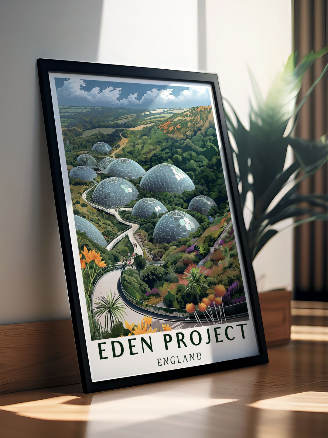 Eden Project wall art print showcasing the lush landscapes and exotic plants found within the iconic Cornwall site ideal for creating a serene atmosphere in your home or office a perfect gift for those who love nature and travel.
