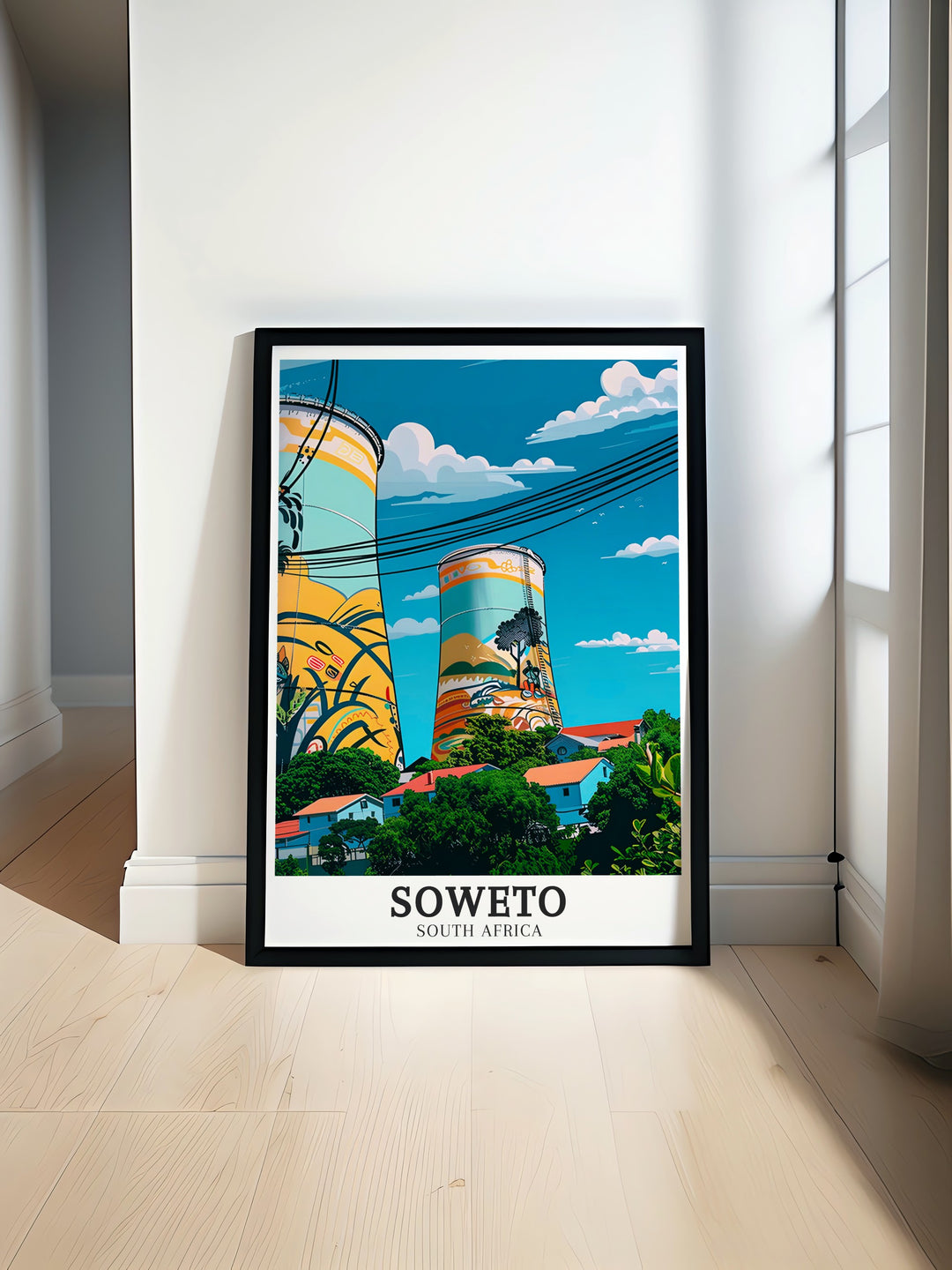 Johannesburg Travel Poster featuring Orlando Towers, a symbol of transformation in Soweto, celebrating the blend of history, culture, and extreme sports, perfect for those who appreciate unique and meaningful artwork.