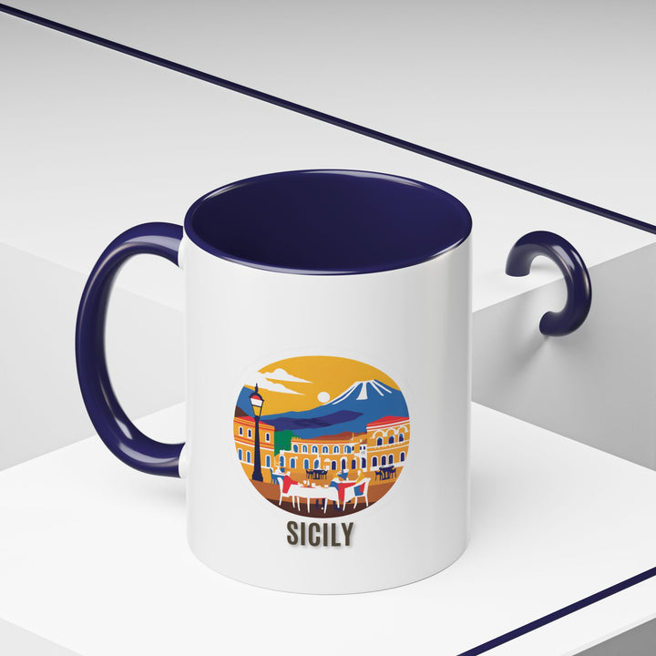 A premium Sicily mug displaying the islands scenic landscapes in vibrant detail. Made from durable ceramic, dishwasher and microwave safe, combining practicality with artistic expression for everyday enjoyment or special occasions, celebrating Sicilys unique spirit.