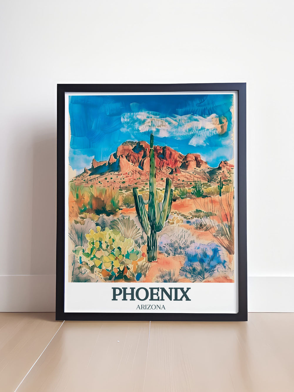 Phoenix Travel Poster highlighting the towering presence of Camelback Mountain and the lush Desert Botanical Garden. This framed art brings the vibrant landscapes of Arizona into your home, ideal for those who love the outdoors.