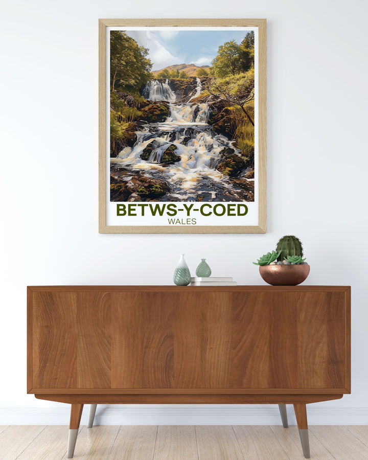 Stunning Betws y Coed wall art showcasing the enchanting beauty of this Welsh village ideal for adding cultural significance and visual appeal to your home decor Swallow Falls is a focal point in the design.