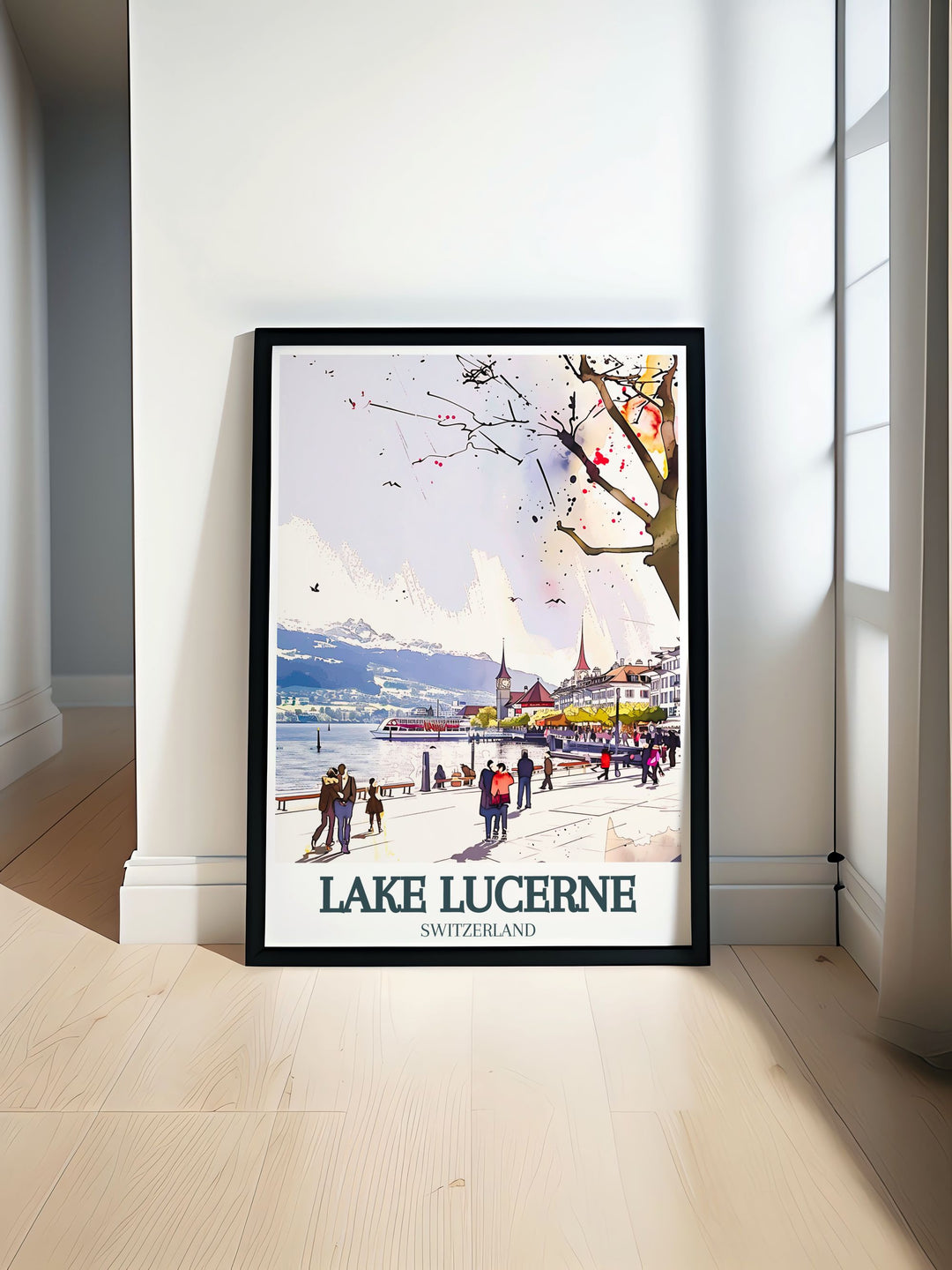 Lake Lucerne poster print featuring Rigi Mountain and Swiss Alps captures the serene beauty of Switzerlands iconic landscape. This Switzerland art is perfect for adding a touch of elegance to any living space with its stunning depiction of Swiss nature.