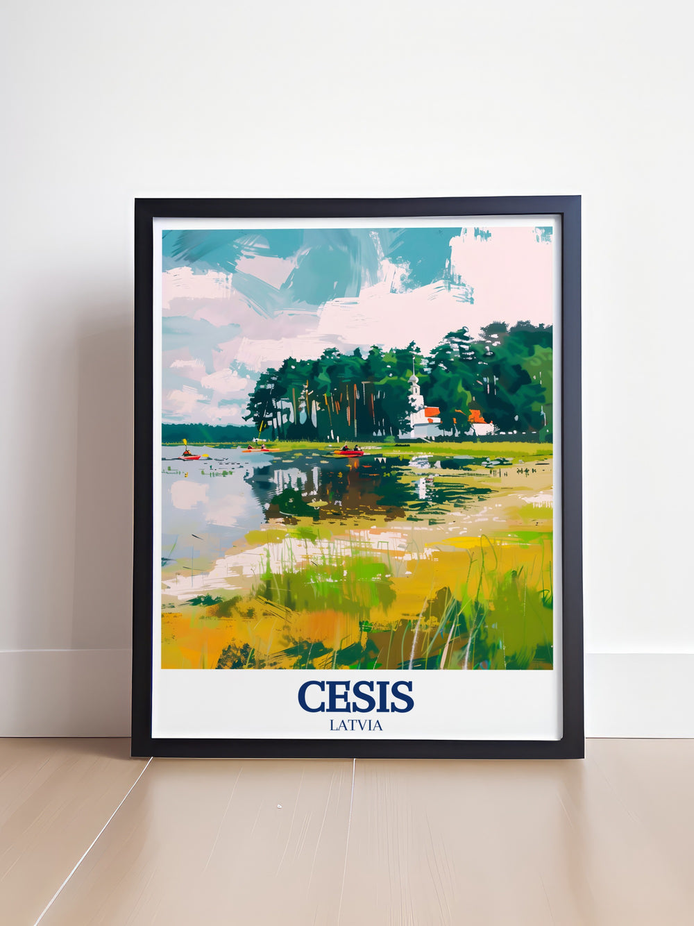 Poster print of Cēsis, Latvia, emphasizing the towns historic allure, the flowing Gauja River, and the rich biodiversity of Gauja National Park. A stunning piece that celebrates Latvias natural and cultural heritage.