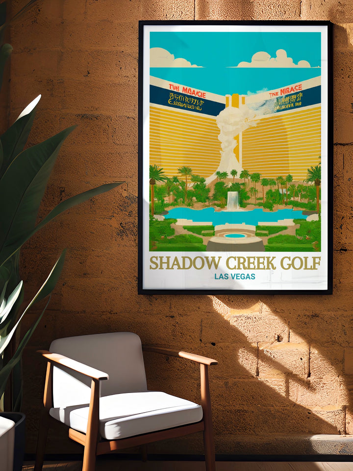 Travel Poster of Shadow Creek Golf Course and The Mirage Hotel, celebrating the unique blend of sport and entertainment that defines Las Vegas. This poster showcases the lush fairways of Shadow Creek alongside the dazzling lights of The Mirage, making it a perfect addition to any collection of travel art or golf decor.