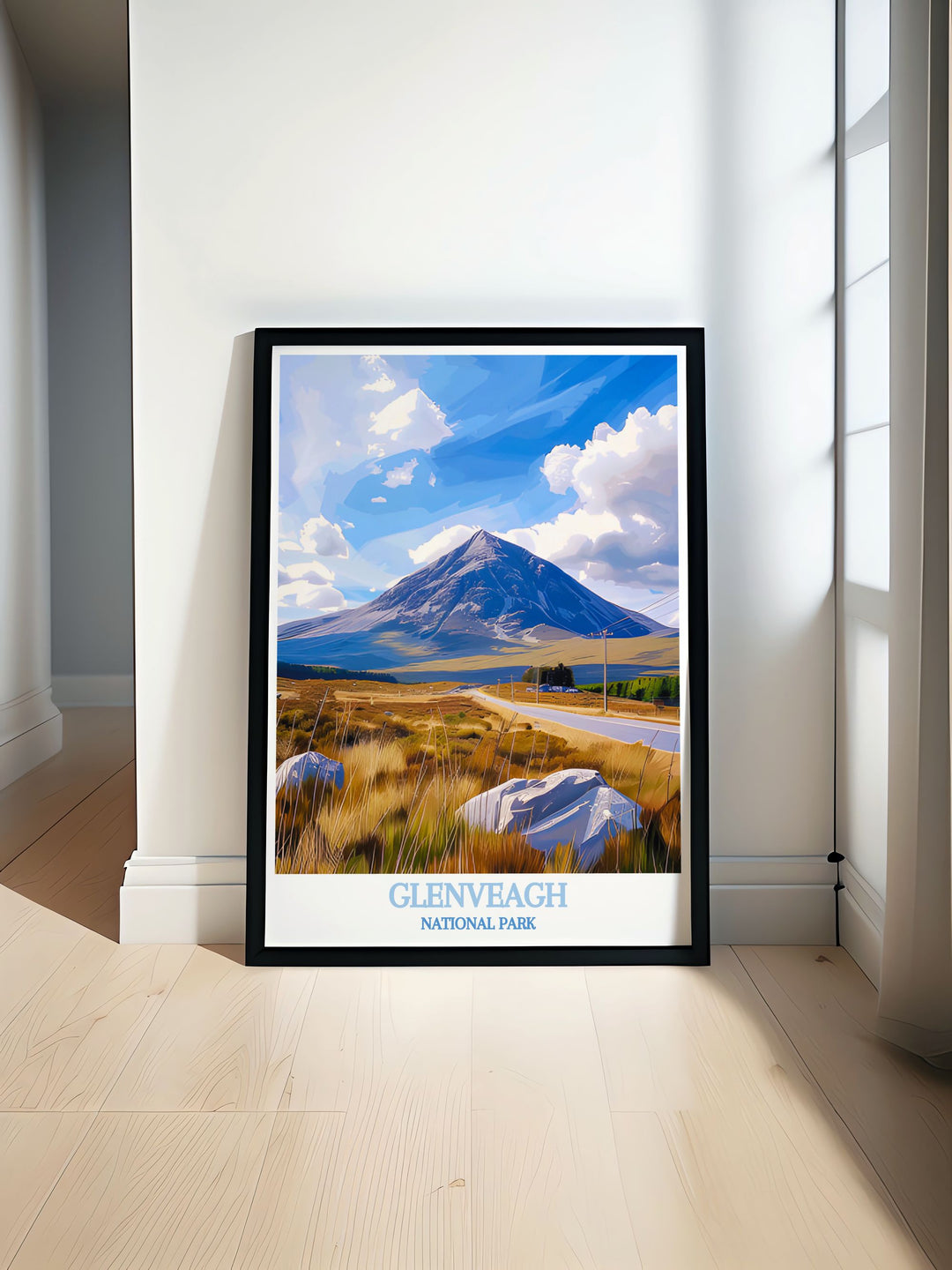 Gallery wall art of Glenveagh National Park, emphasizing the lush greenery and striking vistas of Mount Errigal, perfect for enhancing your living space with the charm of the Irish countryside.