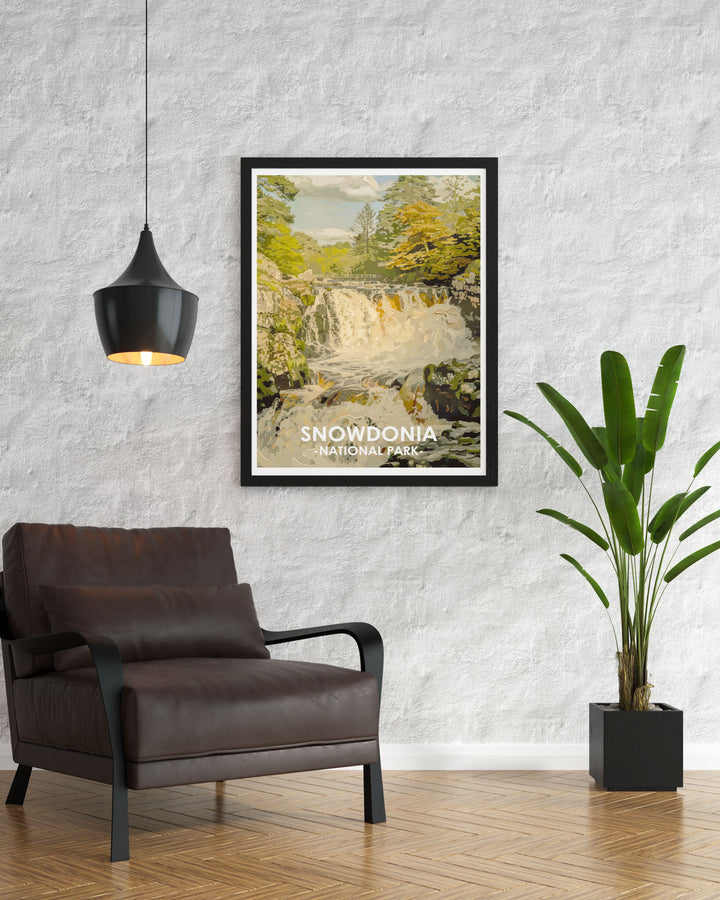 Swallow Falls travel poster capturing the majestic waterfalls and lush greenery of this iconic Snowdonia location a must have for nature lovers and home decor enthusiasts who appreciate stunning landscapes
