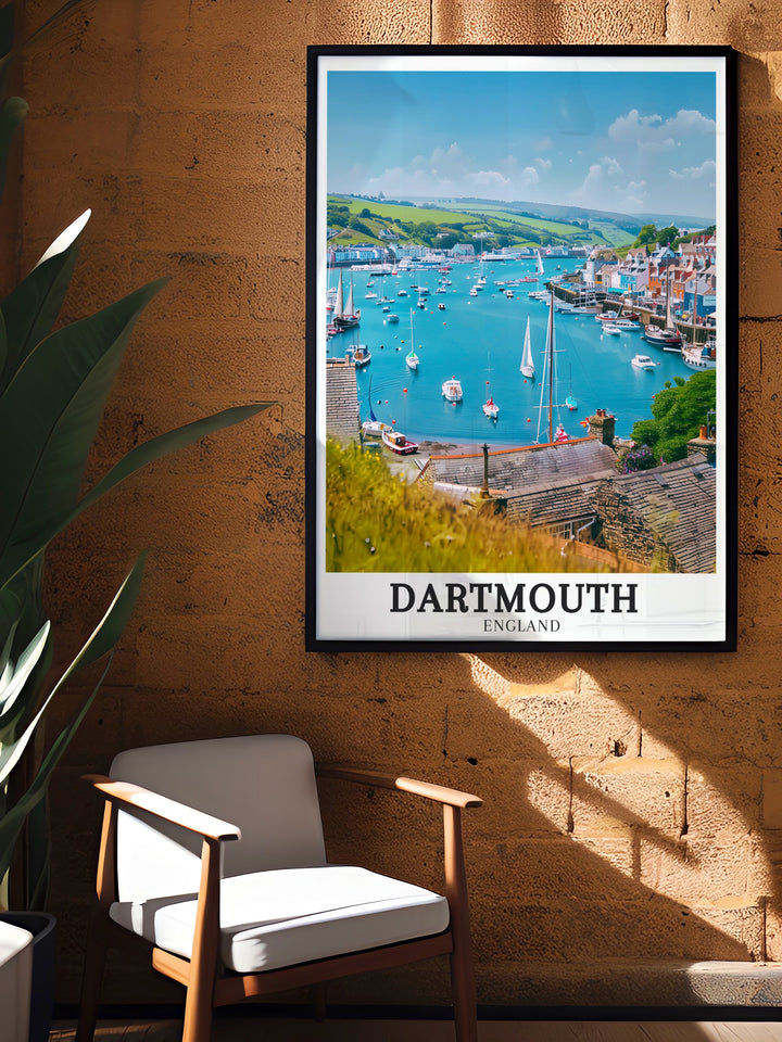 Featuring the serene waters of the River Dart, this art print showcases Dartmouths picturesque landscape. The reflection of historic buildings on the waters surface makes this poster ideal for lovers of scenic views and coastal towns.