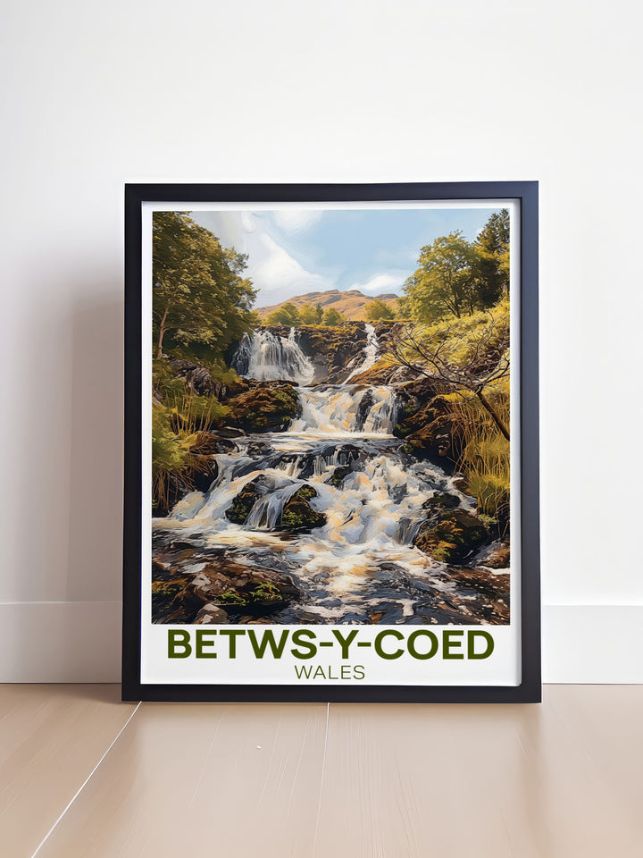 Betws y Coed artwork depicting the lush forests and sparkling rivers of this beloved Welsh village a stunning addition to your collection of Wales wall decor Swallow Falls is highlighted as a key natural attraction.