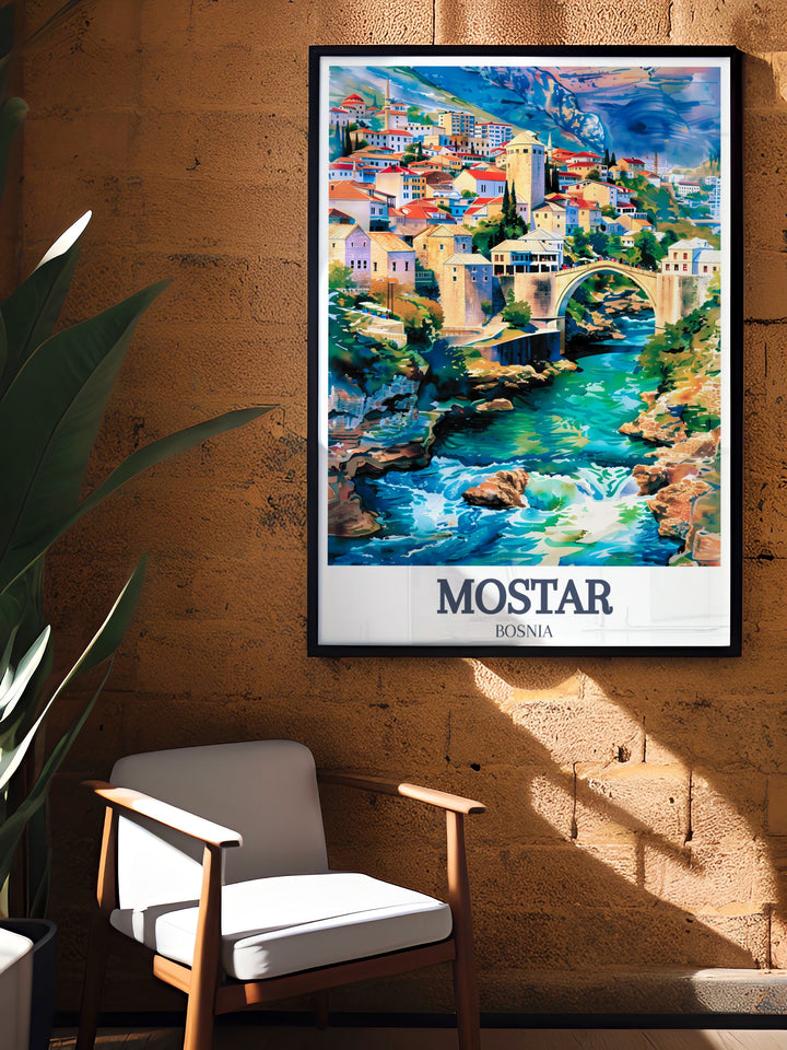 Southern Bosnia art print showcasing Neretva River and Kriva Cuprija perfect for modern home decor or as a Mostar travel gift