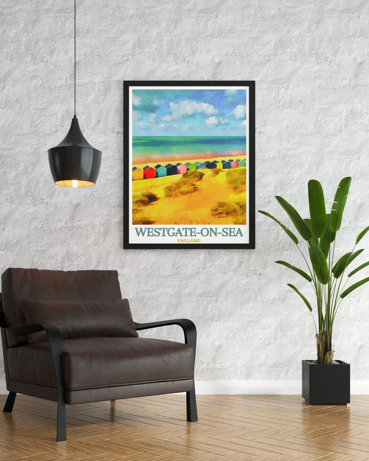 Celebrate the charm of Westgate on Sea with this beautiful Kent wall art, capturing the golden sands and gentle waves of West Bay Beach. This travel print is ideal for any home looking to embrace the natural beauty of the British seaside.