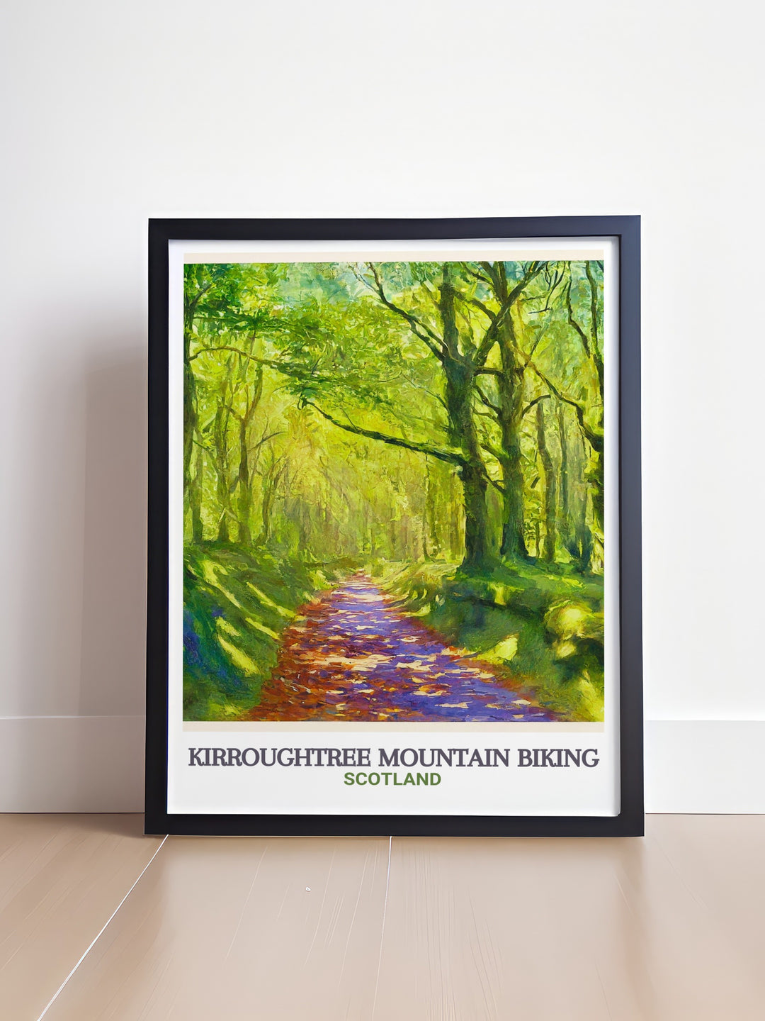 Kirroughtree Mountain Biking poster print captures the thrill of cycling along the 7stanes trail network in Galloway Forest Park. This travel art showcases the rugged terrain and scenic beauty of the area, making it an ideal choice for outdoor enthusiasts and adventure lovers who wish to bring a touch of Scotland into their homes.