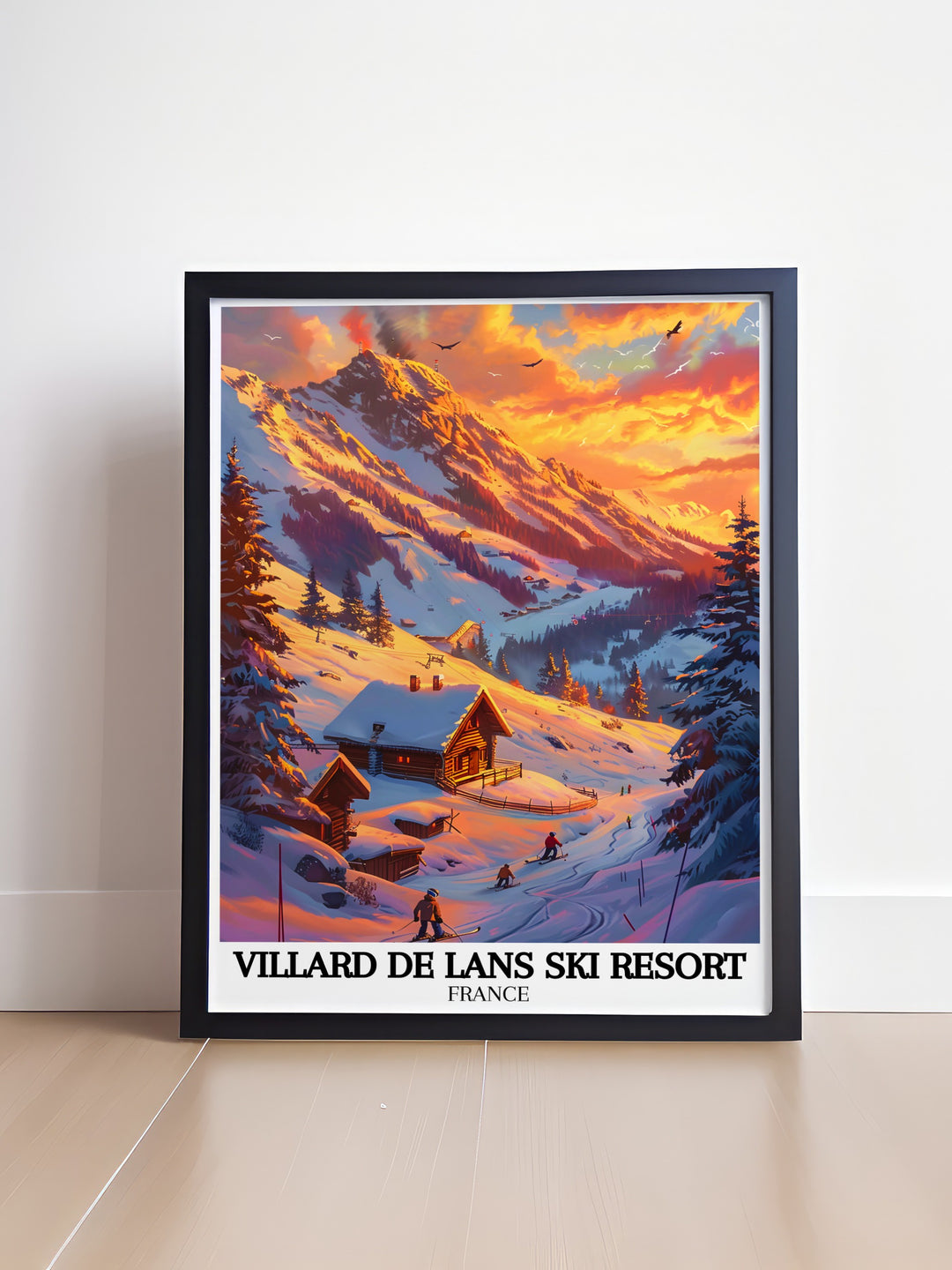 Retro Ski Print featuring Villard de Lans village and the Grande Moucherolle peak offers a nostalgic view of this famous French Alps ski resort perfect for adding character to your home decor or gifting to a skiing enthusiast.