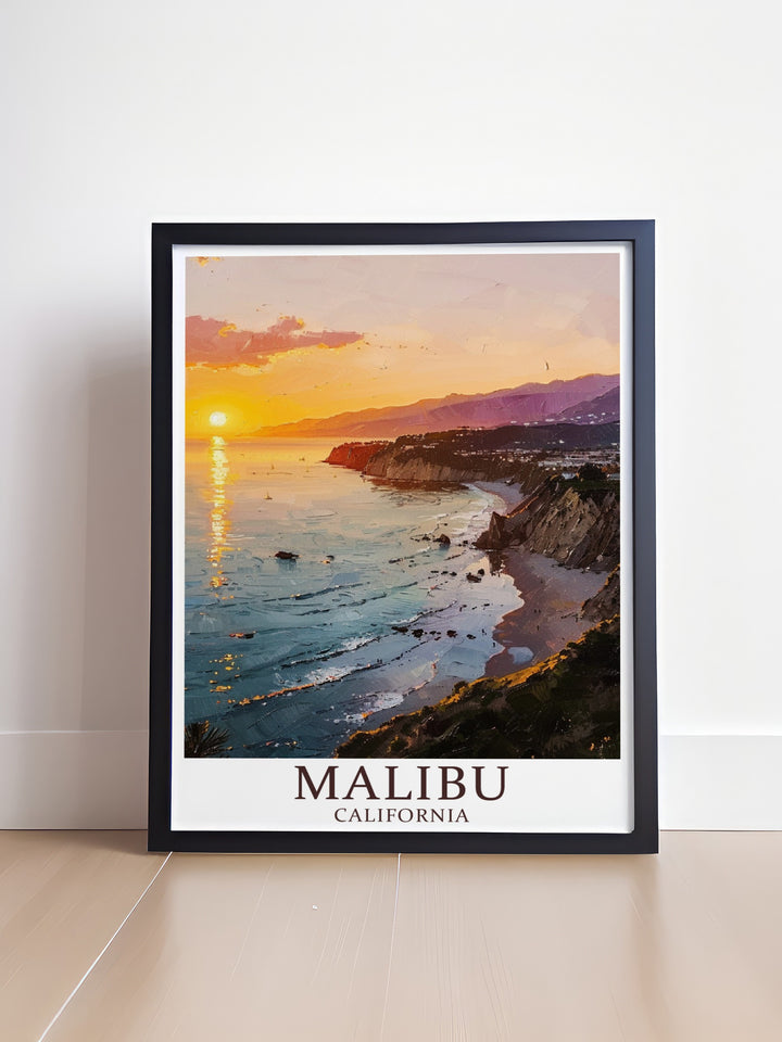 Malibu travel print and Zuma stunning prints are perfect for beach lovers looking to bring the California coast into their home these pieces work beautifully together to create a peaceful and stylish living room atmosphere