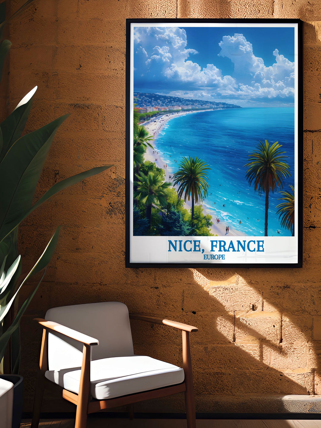 Celebrate the charm of the French Riviera with this travel poster of Promenade des Anglais, showcasing the iconic seafront, palm trees, and beautiful sunsets that make this Nice landmark a must visit destination.