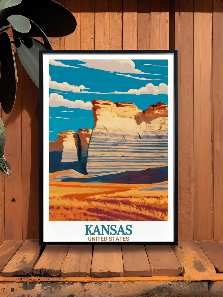 The Monument Rocks Art Print showcases the striking rock formations of Kansas in a beautifully minimalistic style. The fine line design brings out the natural details of Monument Rocks, making it a perfect addition to modern or rustic home decor. A great keepsake for travelers and Kansas enthusiasts.