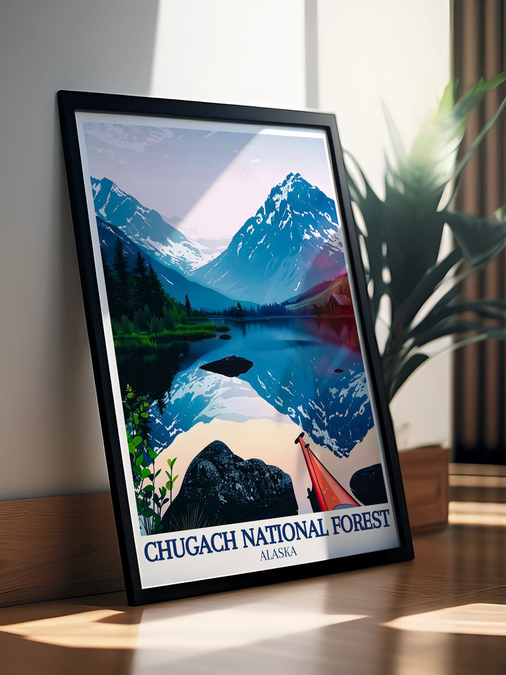 Featuring Lost Lake and the towering Kenai Mountains, this Chugach National Forest poster print offers a glimpse into Alaskas untouched wilderness. Perfect for those with a love for the outdoors, this travel print is a great addition to any home or office.