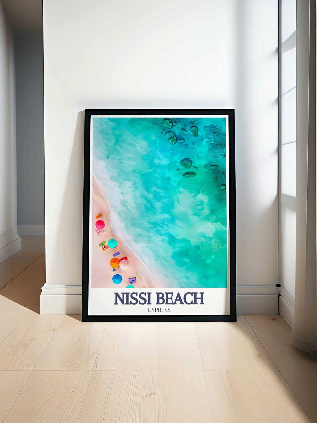 Celebrate Cyprus with this travel print of Nissi Beach in Ayia Napa. Whether youre decorating your home or looking for a special gift, this framed art captures the peaceful ambiance of the beach, making it a perfect addition to any art collection or coastal decor.