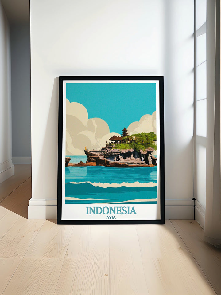 Celebrate Balis iconic Tanah Lot Temple with this stunning travel print. The art captures the serene beauty of the temple at sunset, making it a perfect gift or addition to any home, especially for those who love Indonesia.