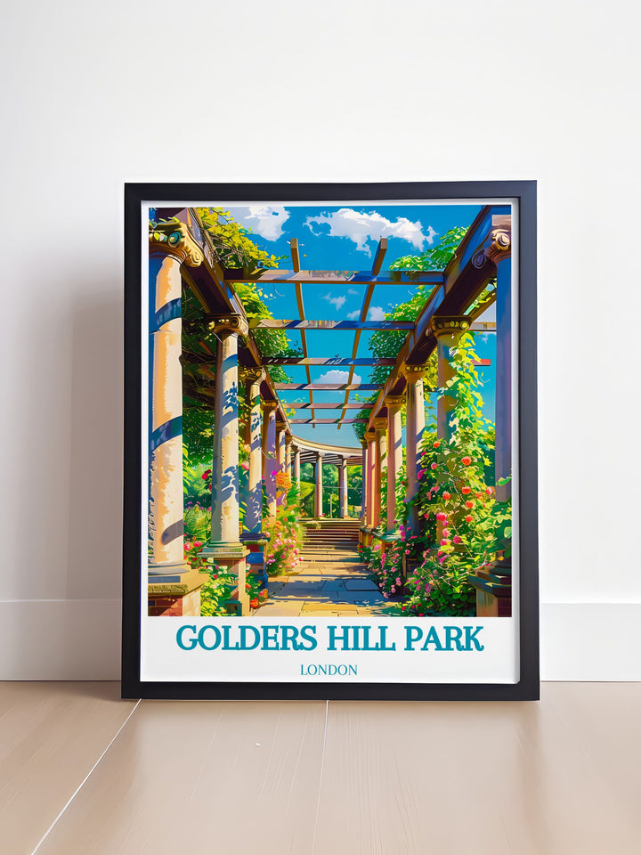Detailed illustration of The Pergola and Hill Garden in Hampstead Heath, showcasing the intricate design and lush greenery of this Edwardian marvel, perfect for adding historical charm to your living space.