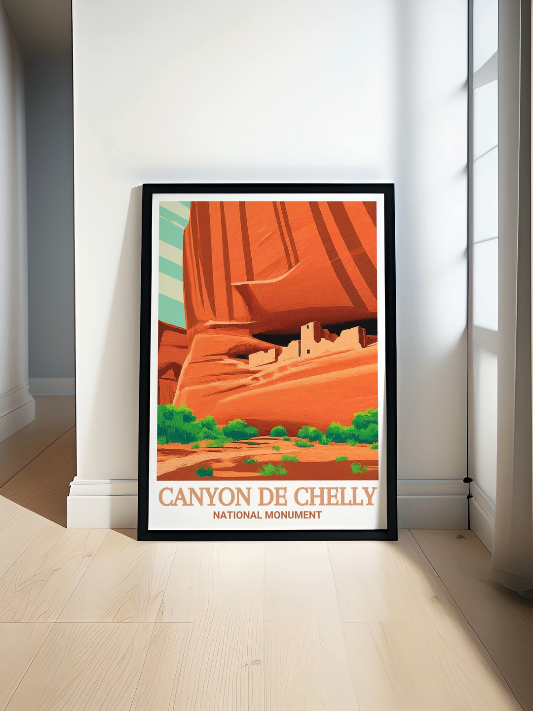 Explore the awe inspiring beauty of Canyon de Chelly with this travel poster, featuring the iconic White House Ruin set against the canyons towering red rock walls. A perfect piece for those who appreciate the rugged beauty of the Southwest.