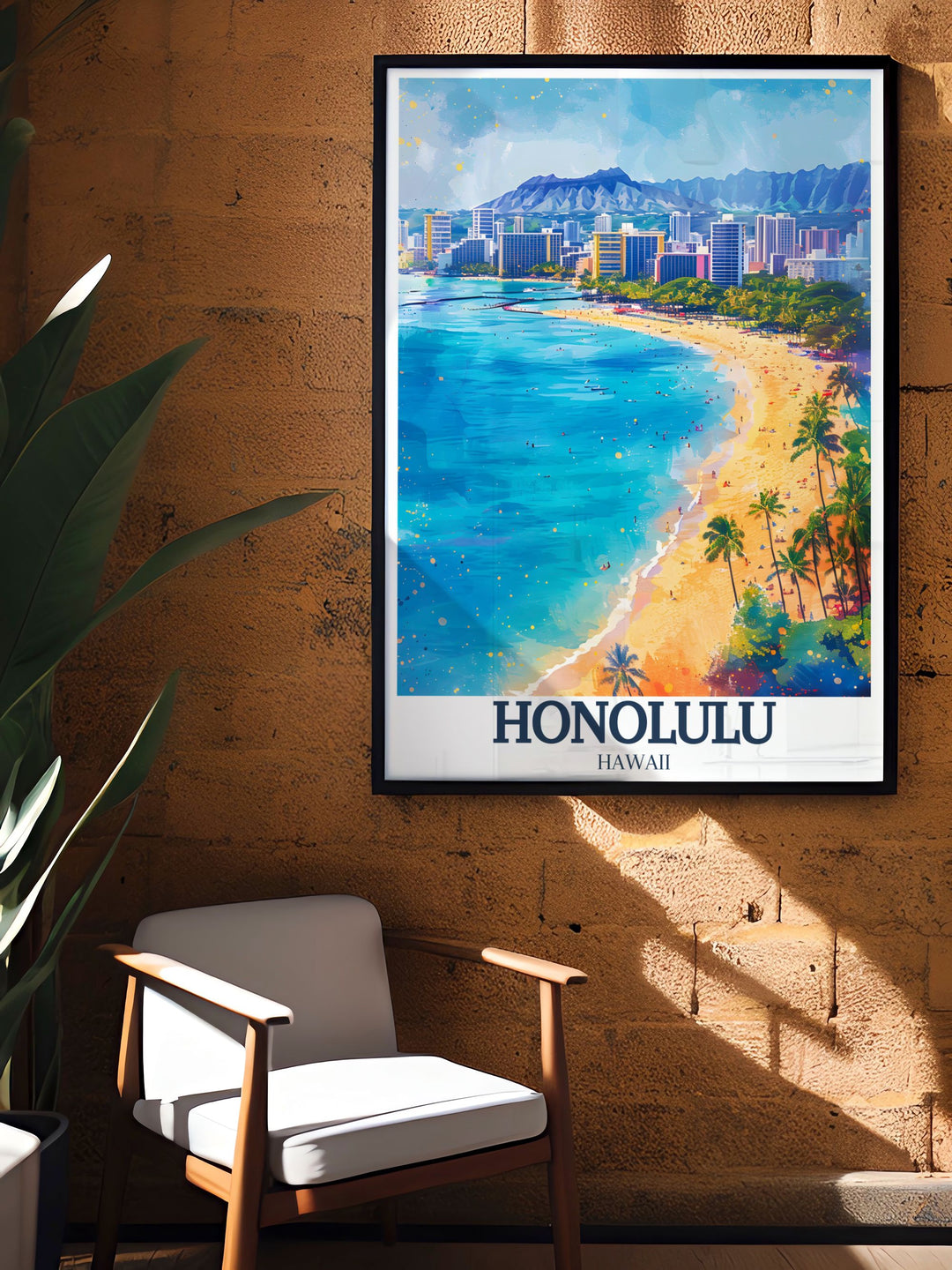 Framed art print of the Aloha Tower, capturing the elegance and historical charm of this iconic landmark in Honolulu, Hawaii. The artwork showcases the towers detailed architecture and picturesque harbor views, making it a striking addition to any art collection.