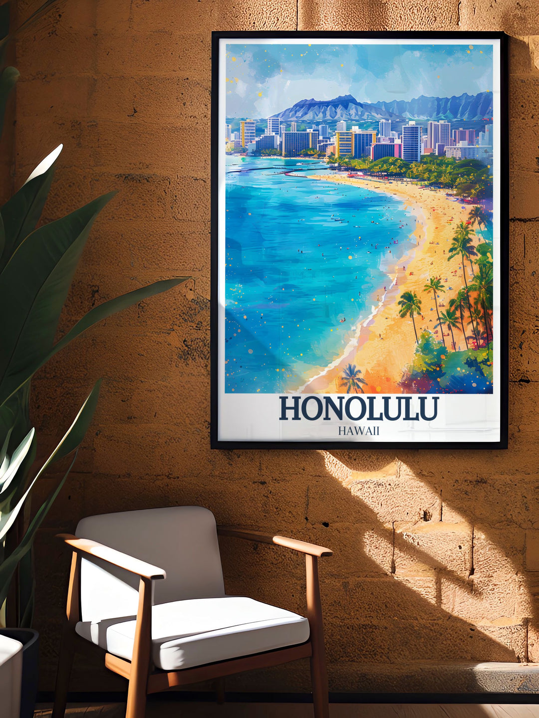 Featuring Waikiki Beach, Diamond Head, and Aloha Tower, this Honolulu travel poster brings the beauty of Hawaiis iconic landmarks into your home. Perfect for anyone who loves tropical vacations or coastal inspired interiors.