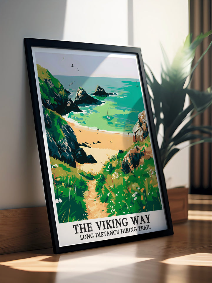 Hoddevik Beach travel poster from The Viking Way Long Distance Hiking Trail. This artwork highlights the serene and majestic landscapes of the Norwegian Sea, offering a stunning focal point for your home decor. Ideal for those who appreciate scenic views and adventure.