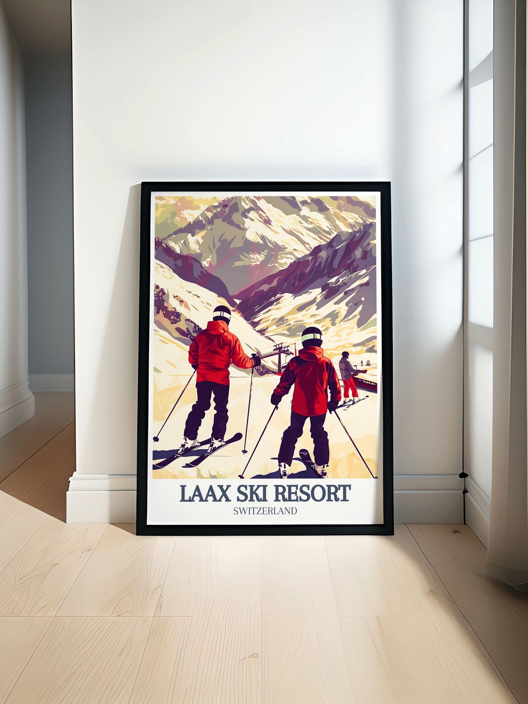 Laax Ski Resort Travel Poster showcasing the stunning Crap Masegn and Flims Laax Falera with vivid alpine landscapes perfect for decorating your home or office for lovers of skiing snowboarding and Switzerland mountain scenery.