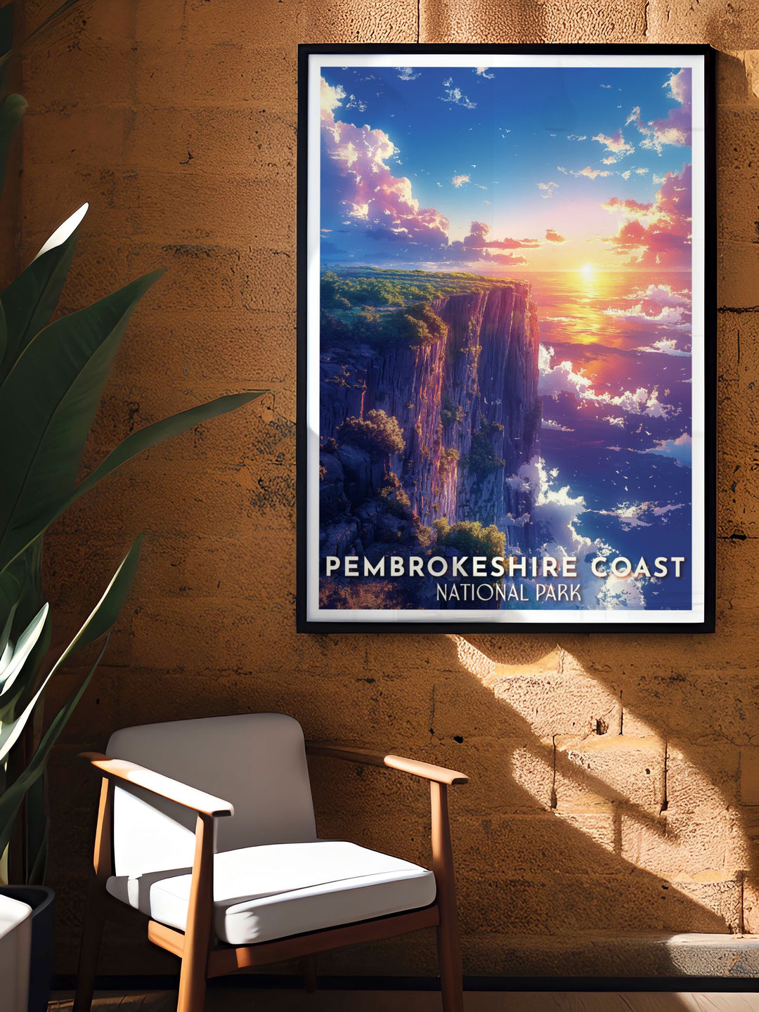 Art Deco print of cliffs in Pembrokeshire Wales showcasing the breathtaking beauty of the Welsh coast perfect for collectors of vintage travel posters and lovers of UK national parks providing a timeless and elegant wall art piece.