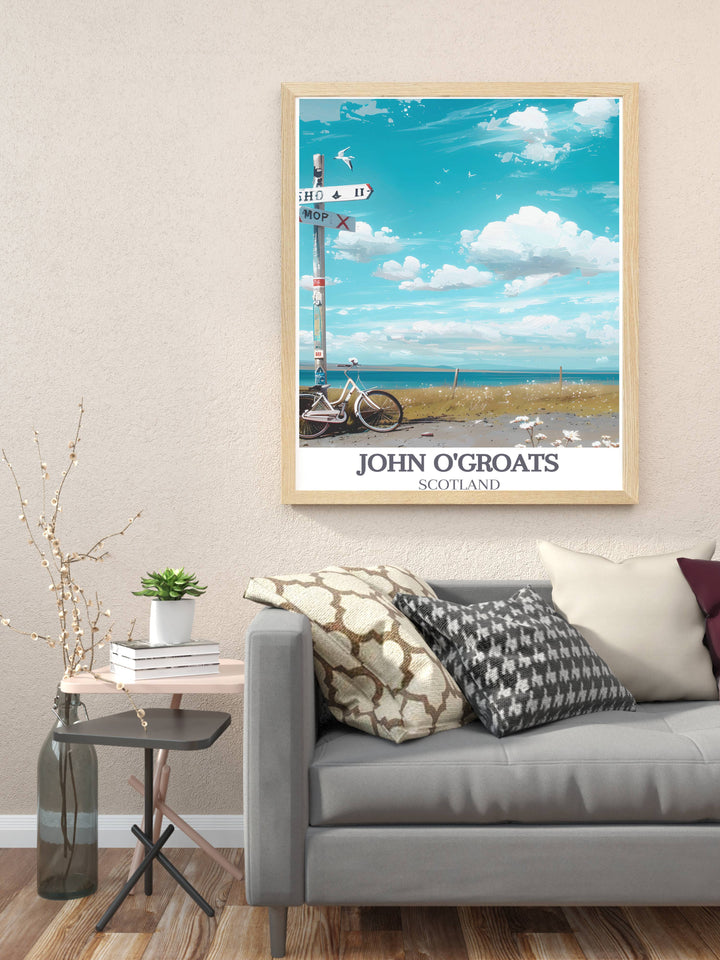 Cycling poster featuring the John O Groats Signpost, a symbol of endurance and adventure. Celebrate the iconic End to End Bike Ride with this captivating artwork, perfect for home decor and cycling gifts.