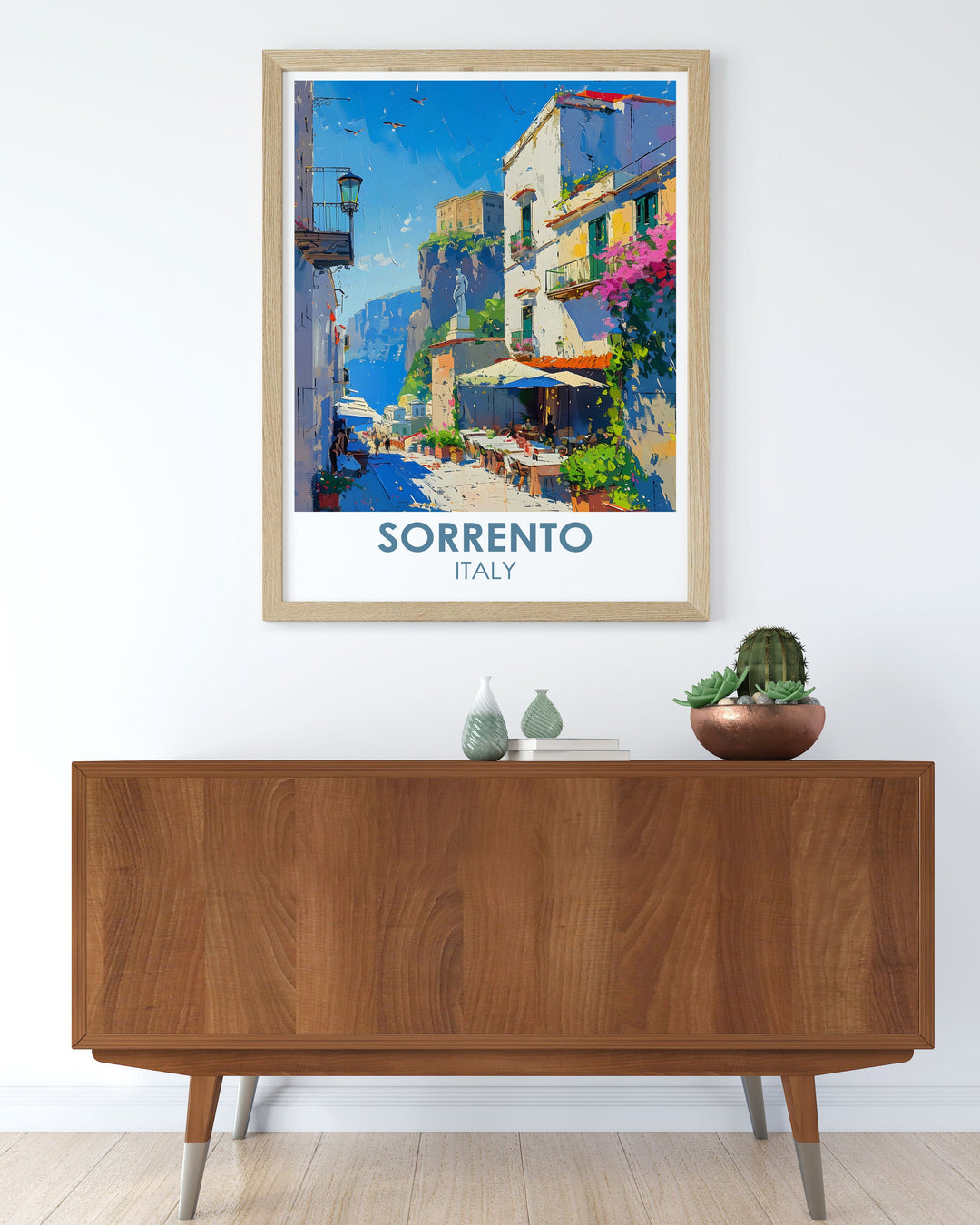 Italy travel print showcasing the lively ambiance of Sorrento Italy with Piaza Tasso and picturesque street life. Ideal for creating an inviting and artistic atmosphere in your living space this Sorrento art print is a stunning addition to any home decor collection.