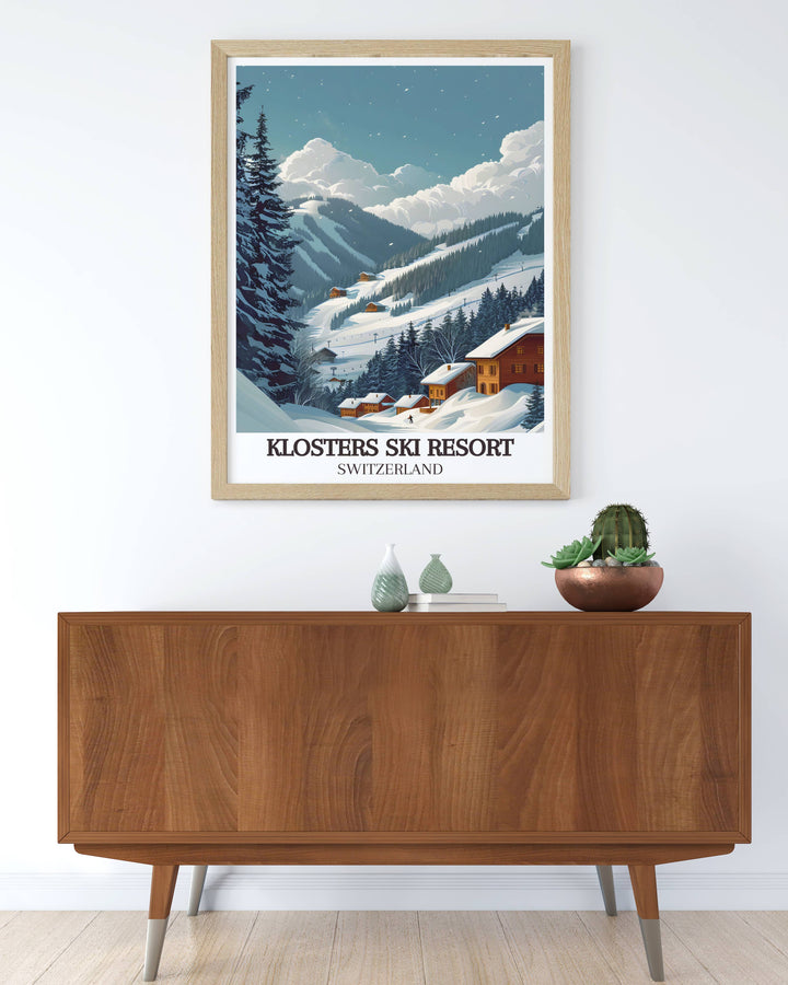 Enhance your walls with our Klosters Ski Resort vintage prints. This Ski Lift Wall Art piece captures the magic of the slopes and the thrill of skiing at Klosters. Ideal for creating a cozy and stylish atmosphere in any room