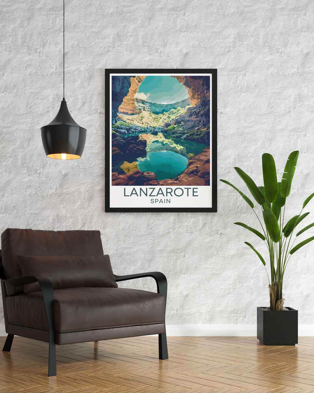 This detailed poster of Jameos del Agua illustrates the serene subterranean lake and rare albino crabs, encapsulating the tranquil and mysterious atmosphere of this iconic Lanzarote landmark, making it an exquisite addition to your travel art collection.