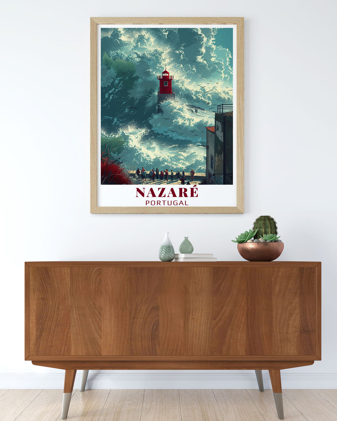 Breathtaking Praia do Norte framed print depicting the iconic waves of Nazare Portugal adds sophistication to any room a perfect choice for elegant home decor