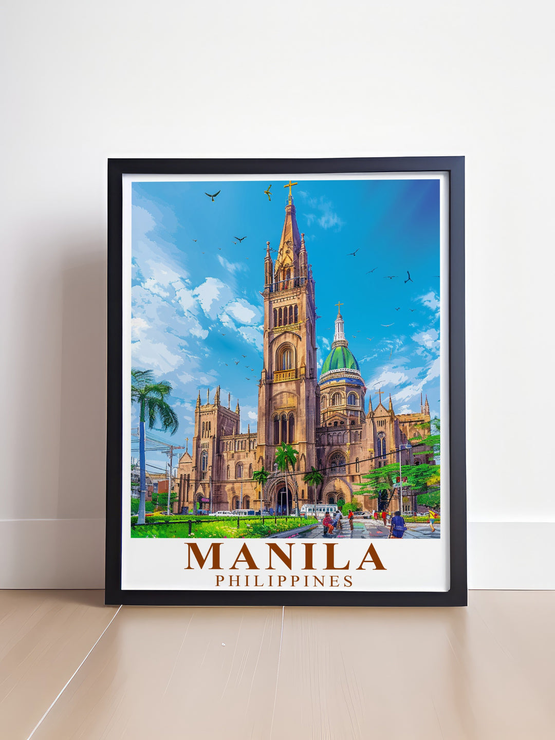 Our Manila Travel Print features the architectural beauty of Manila Cathedral alongside the citys modern skyline. This poster is ideal for anyone who loves the Philippines and wants to display a piece of its vibrant culture in their home.