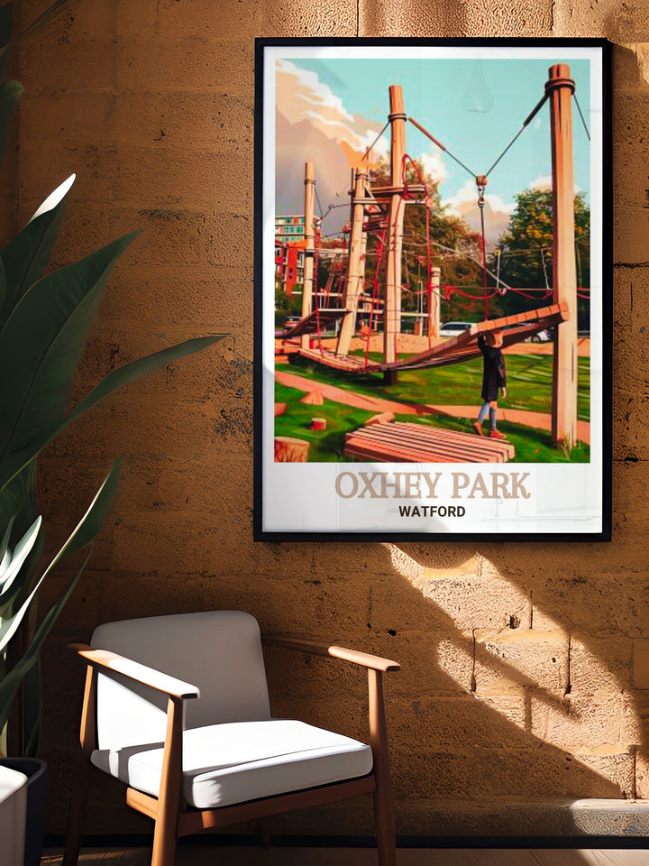 Oxhey Park Playground Wall Art offers a captivating glimpse into the lush greenery of Watfords Oxhey Park with its iconic trees and peaceful surroundings perfect for those looking to enhance their living room decor with vibrant modern prints.