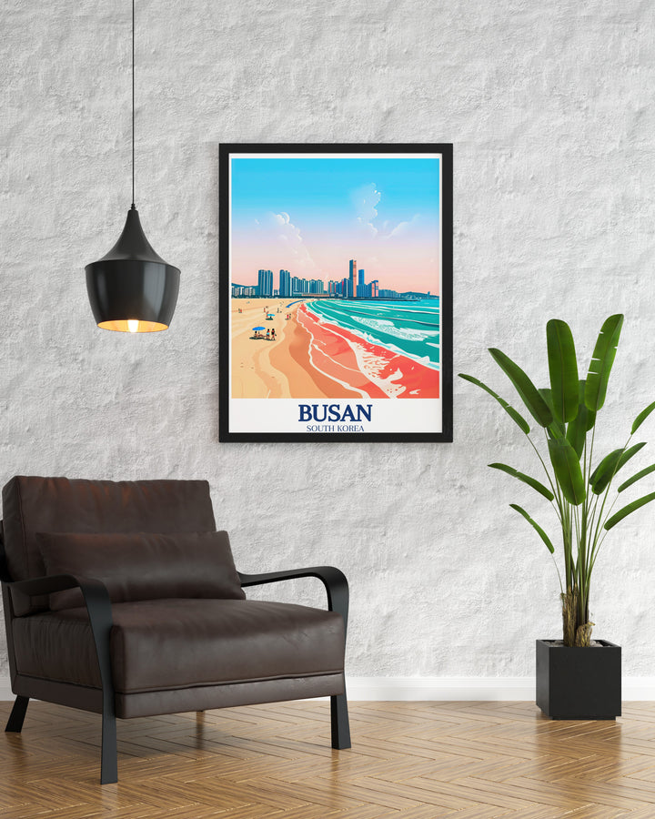 Beautiful Busan art print capturing the iconic Haeundae Beach and Haeundae gu Skyline ideal for those who love travel inspired decor this stunning South Korea wall art is perfect for adding both tranquility and modern sophistication to your living space.