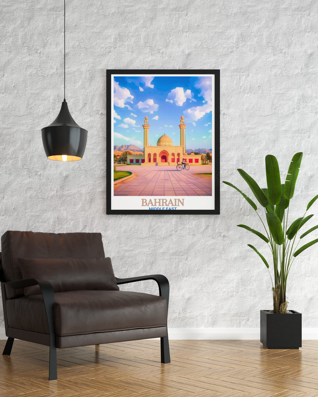 Bahrain Travel Art featuring the iconic Al Fateh Grand Mosque a perfect addition to any home decor celebrating the intricate architecture and vibrant culture of Bahrain.