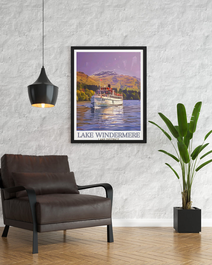 The Lake Windermere Travel Print captures the stunning beauty of Cumbrias Lake District, offering a serene escape into one of Englands most iconic landscapes. Paired with the Windermere Lake Cruise, this artwork is perfect for adding a touch of outdoor elegance to any room.