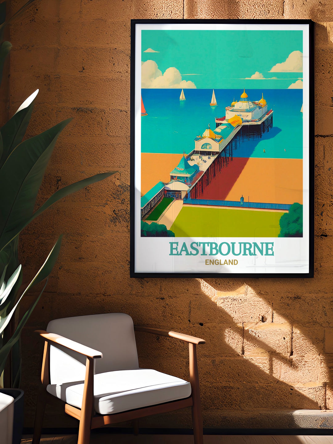 Eastbourne Pier travel poster capturing the scenic beauty and historical significance of this beloved landmark along the South Downs Way. Ideal for coastal enthusiasts, this print adds a touch of English charm to any room.