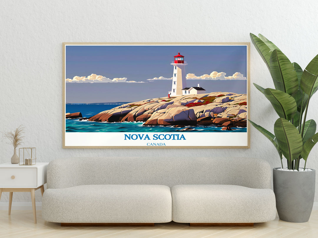 Peggys Cove modern print featuring the stunning coastal beauty of Nova Scotia. This elegant illustration showcases the iconic lighthouse and rugged shoreline, making it a perfect addition to home decor and a memorable gift for those who love Canadian landscapes.