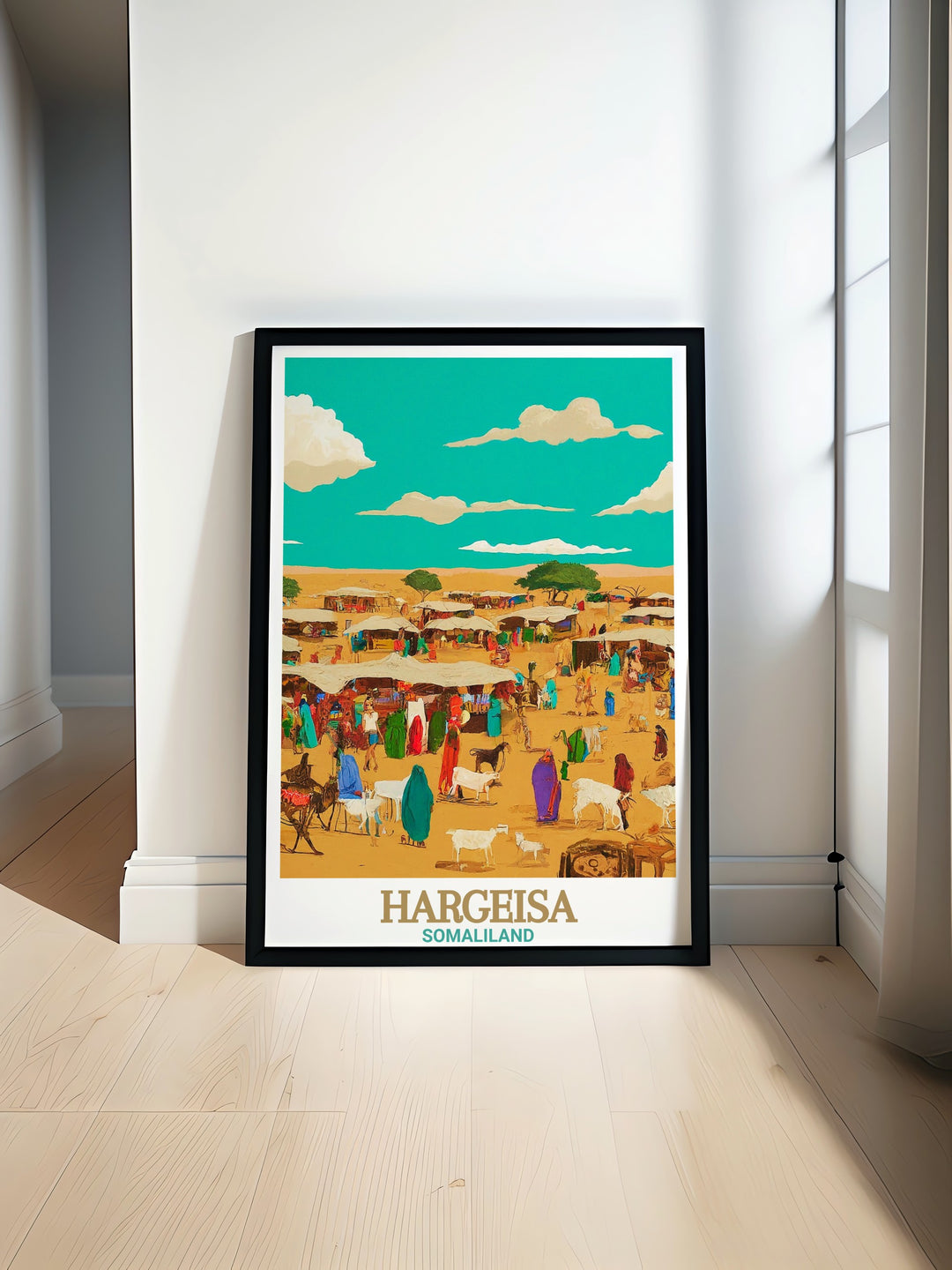 This Hargeisa wall print brings the vibrant Livestock Market to life, capturing the energy and cultural significance of this iconic Somali location. Perfect for anyone who loves travel art, this poster offers a unique glimpse into Hargeisas daily life.