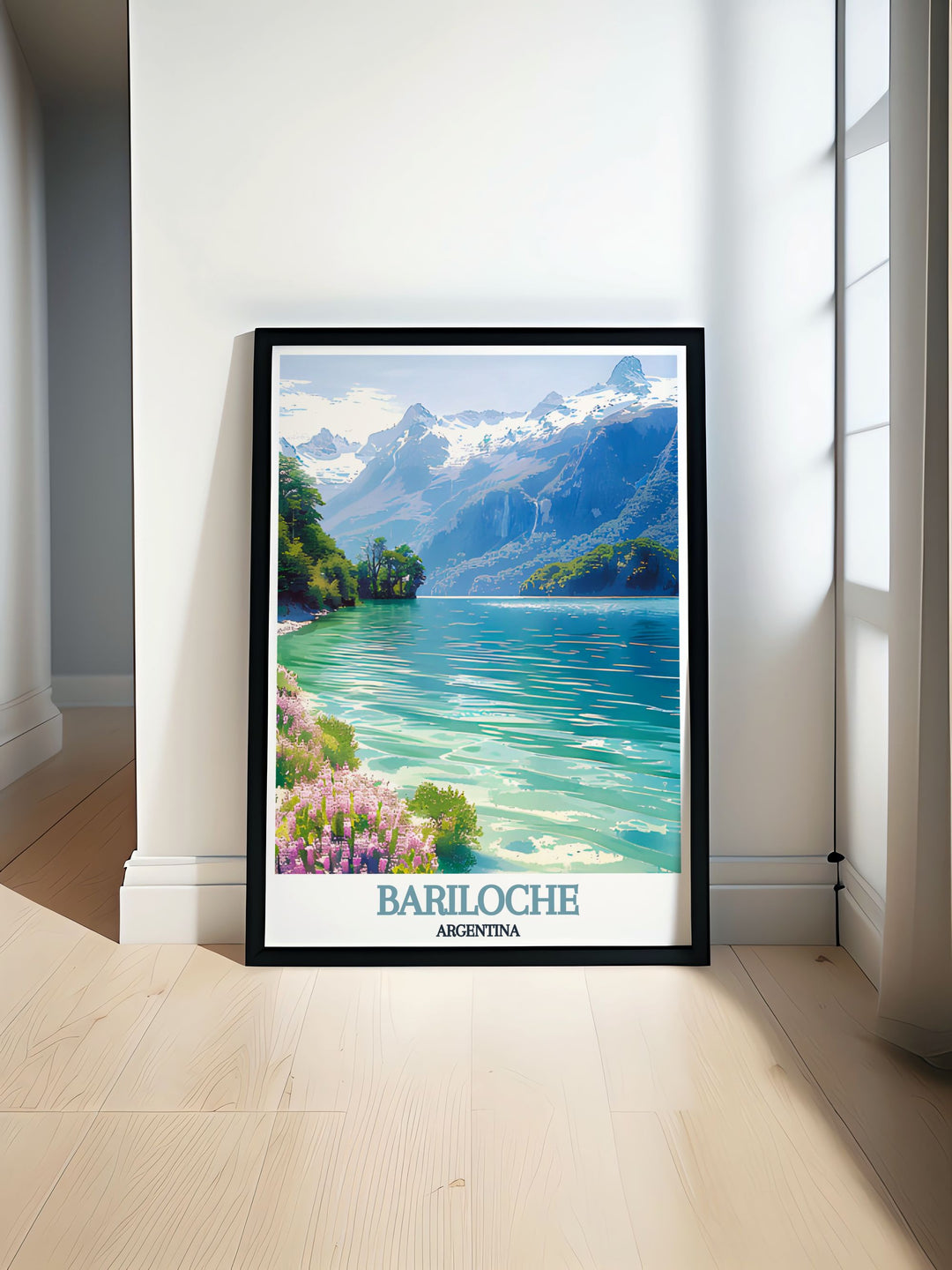 Stunning De Bariloche poster featuring the picturesque Nahuel Huapi Lake and the charming town of San Carlos, capturing the natural beauty and unique charm of this iconic Argentine location. Perfect for adding a touch of Argentinas allure to your home decor.