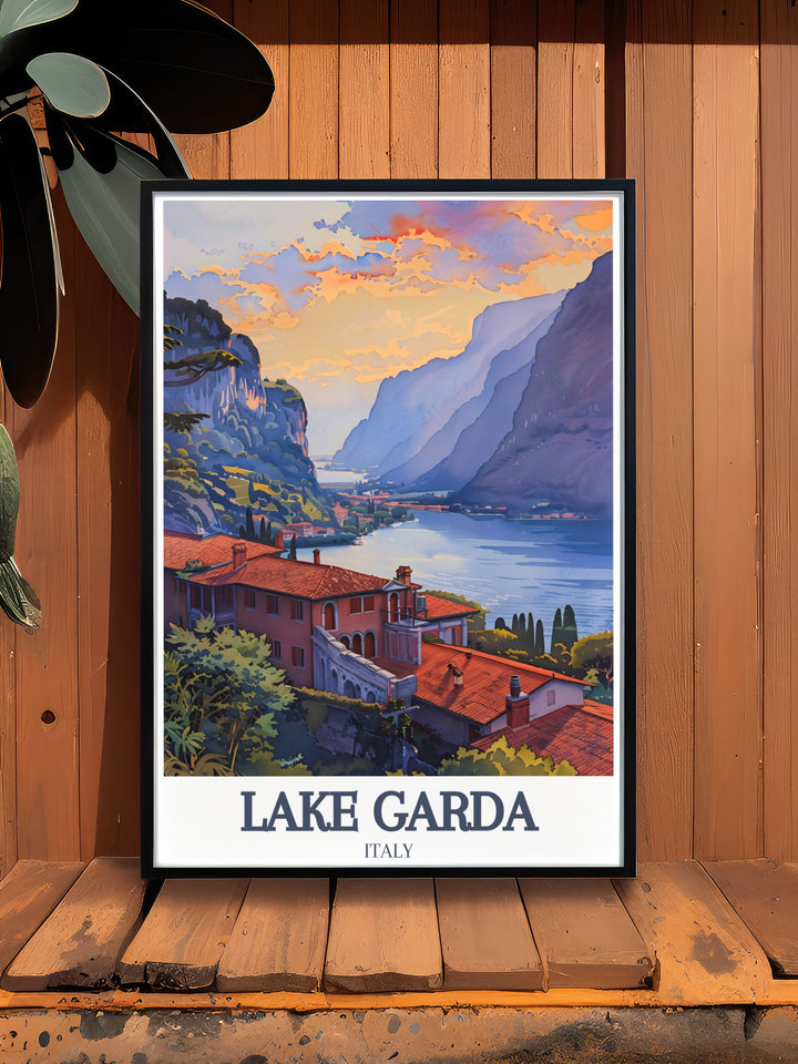 This Lake Garda art print featuring Isola del Garda and Garda town is the ideal gift for anyone who loves Italy. Perfect as a birthday gift or for enhancing home decor with elegant Italy wall art that evokes the beauty of Italys landscapes.