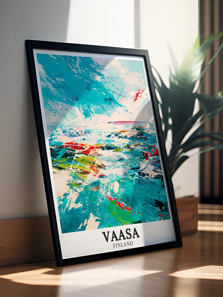 The Vaasa poster features the striking Kvarken Bridge and the serene Kvarken Archipelago, showcasing the unique beauty of Finlands coastal region. This print is an ideal gift for lovers of Finnish art and nature.