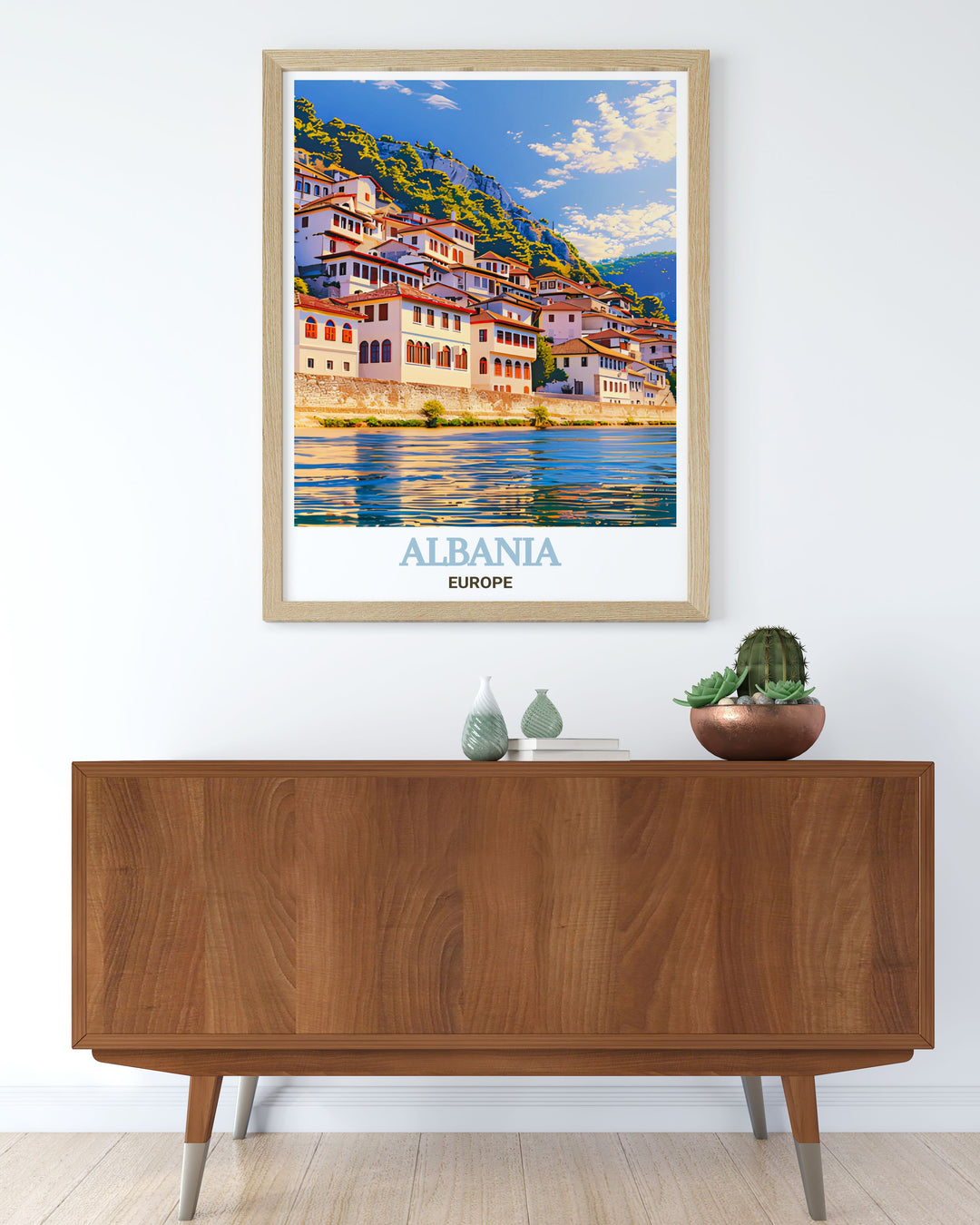 Elegant Albania artwork including a vintage poster style depicting Berats scenic views and cultural landmarks ideal for enhancing any living space or as a thoughtful personalized gift