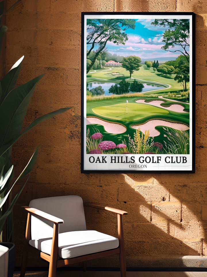 This Oak Hills Golf Club travel print offers a glimpse into the peaceful, rolling greens of the Sutherlin course. Featuring the Club House and the challenging 18 hole layout, its a perfect piece of wall art for golf enthusiasts or those who enjoy outdoor landscapes.