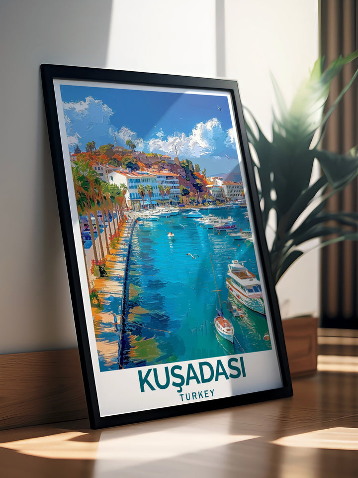 Beautiful Kuşadası Marina wall art showcasing the charm of Turkeys marina. This Turkey travel print is ideal for adding cultural flair to your home décor. Elevate your living room or bedroom with this unique and elegant Turkey artwork as a travel gift.