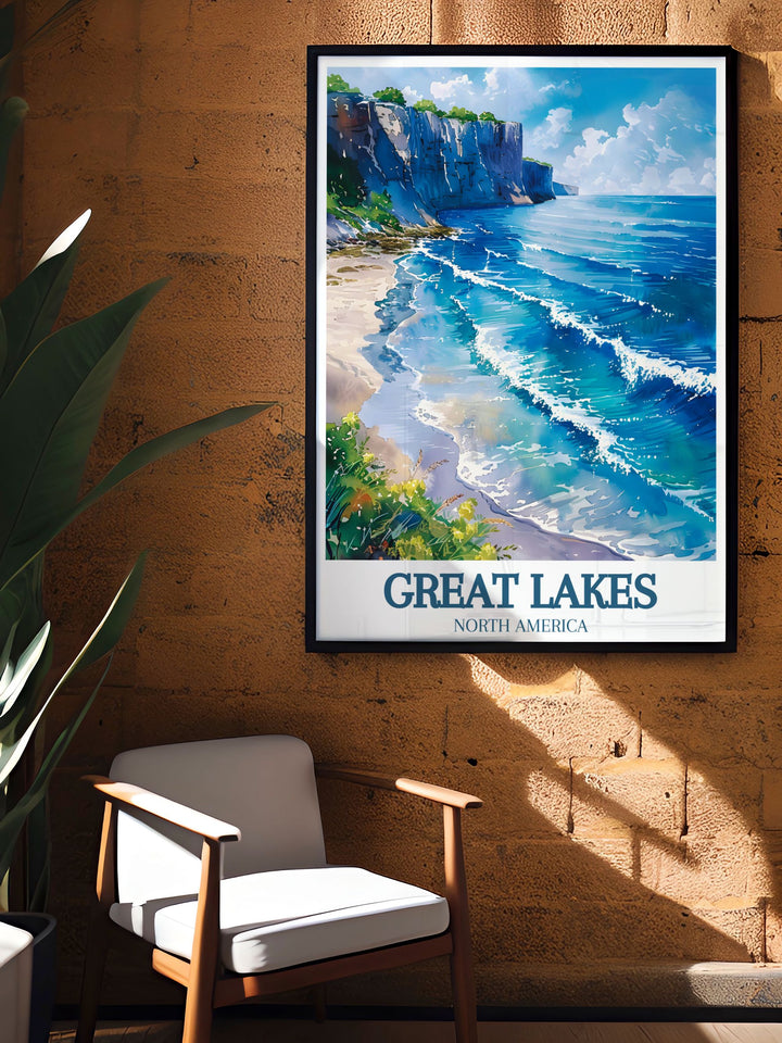 This Great Lakes Poster features the serene beauty of Lake Erie, showcasing its stunning shores and detailed map of surrounding cities. Perfect for home décor or as a personalized gift, this artwork celebrates one of North Americas most iconic lakes.